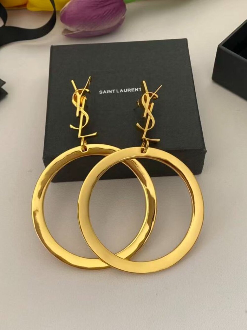Saint Laurent YSL Signature Gold Large Hoop Drop Earrings NWT Full Original Box